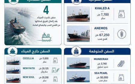 نشاط ملحوظ بالميناء الشمالي وتداول آلاف الأطنان من القمح والسكر والبضائع العامة