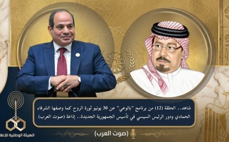 شاهد.. الحلقة (12) من برنامج "بالوعي" عن 30 يونيو ثورة الروح كما وصفها الشرفاء الحمادي ودور الرئيس السيسي في تأسيس الجمهورية الجديدة.. إذاعة (صوت العرب)
